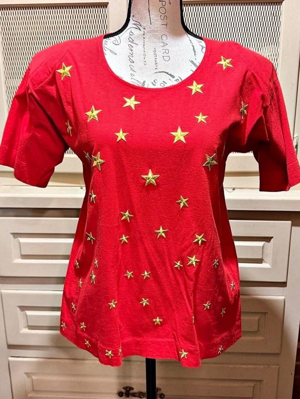 VTG 80s 90s Nancy Heller Red Gold Metallic Embroidered Star T-Shirt